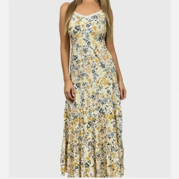 Joie Floral Mommy and Me Cotton Blend Yellow Gray Thin Strap Maxi Tier Dress 2 - Picture 13 of 13